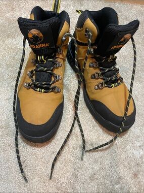 Brahma Tan and Black Men's Work Boots with Yellow-Trim Laces